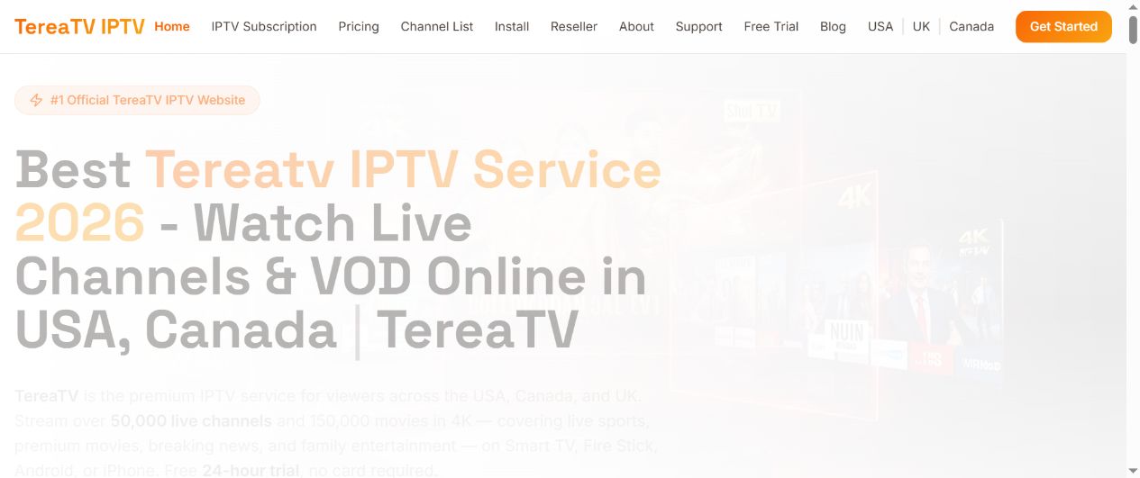Live screenshot of the TereaTV official website interface